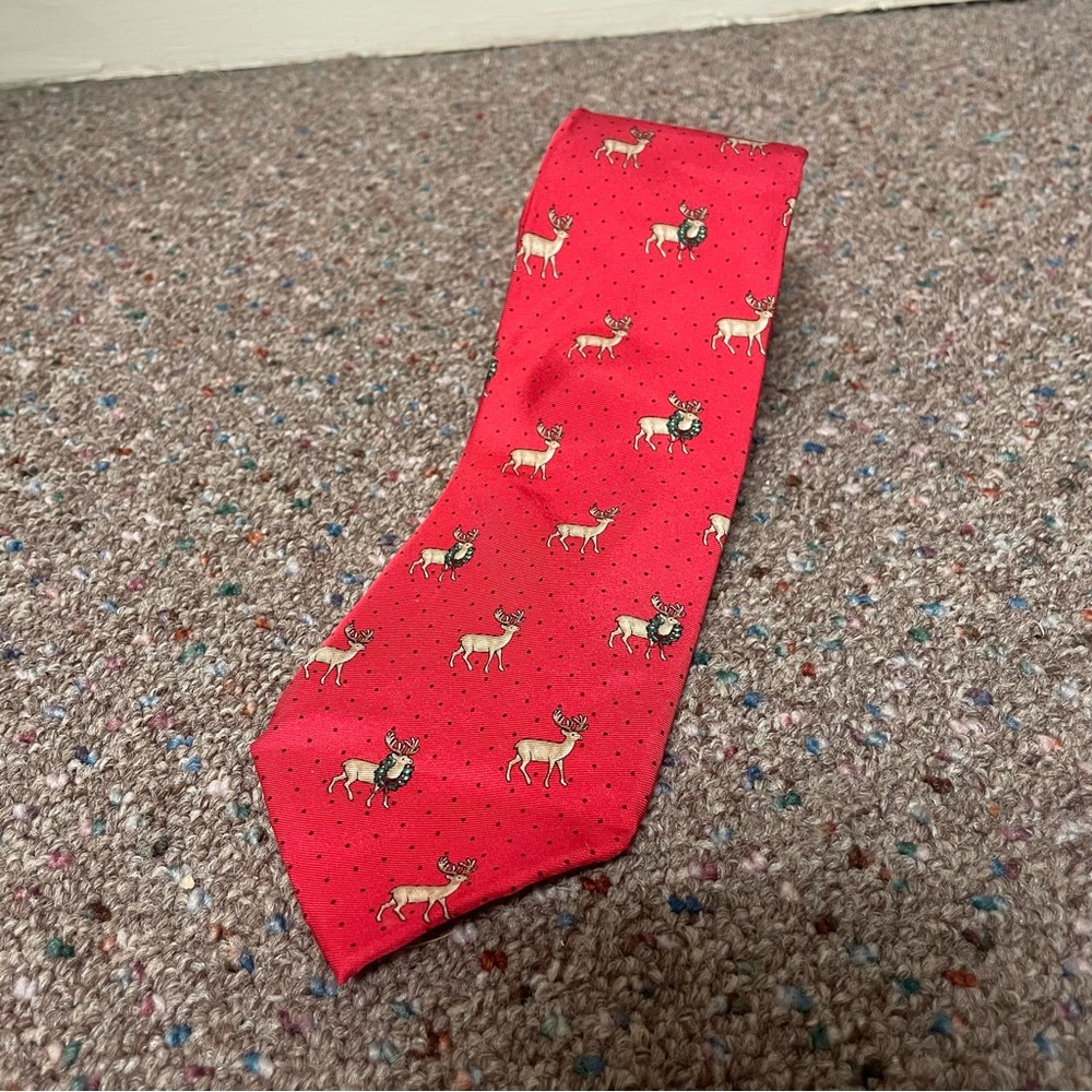 Tommy Hilfiger Men’s Neck Tie 100% Silk Polka Dot Reindeer Christmas Red/Pink